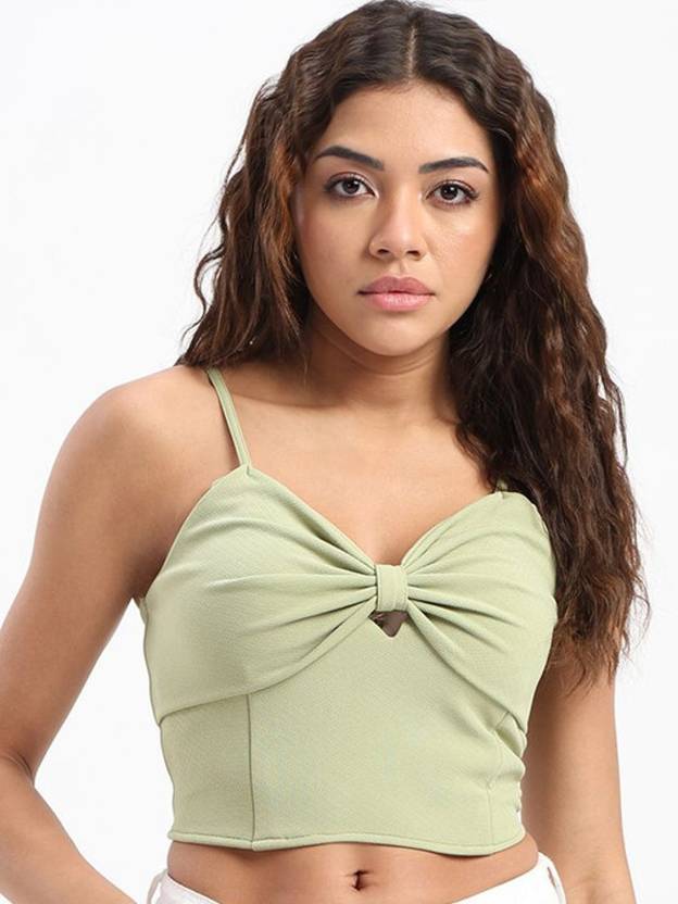 SLENOR Casual Shoulder Straps Solid, Embellished, Self Design Women Light Green Top