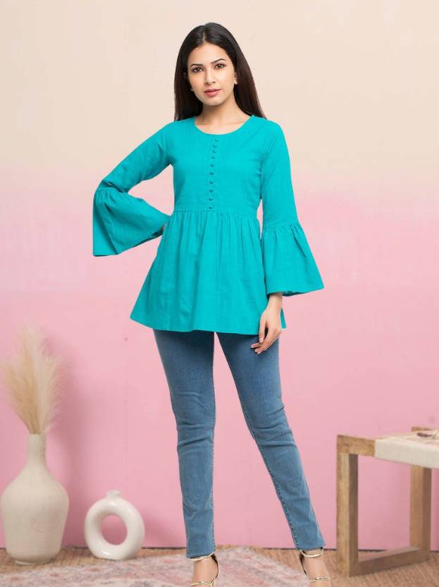 Adhisa Party Bell Sleeves Solid Women Light Blue Top