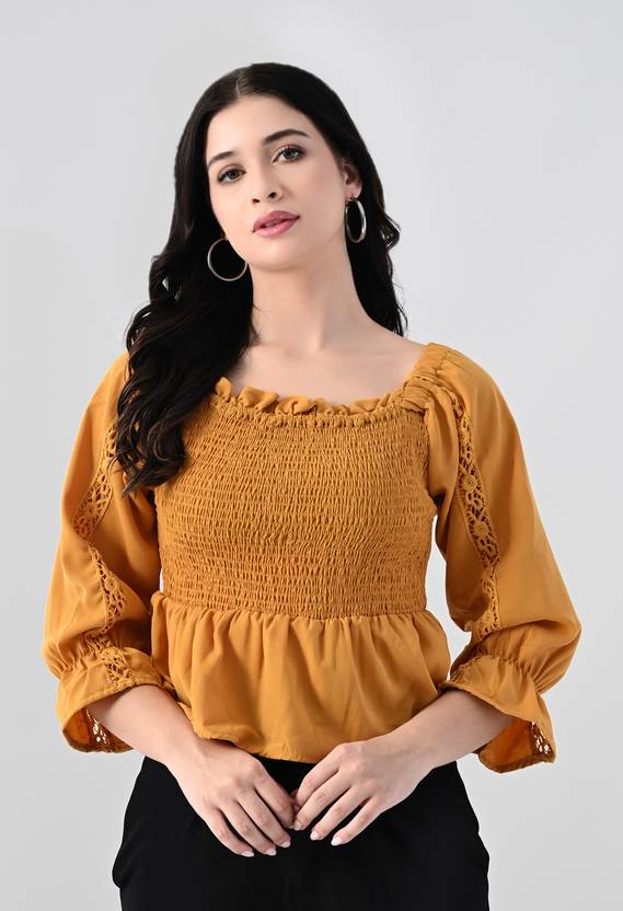 AllenQueen Casual Balloon Sleeve Self Design Women Yellow Top