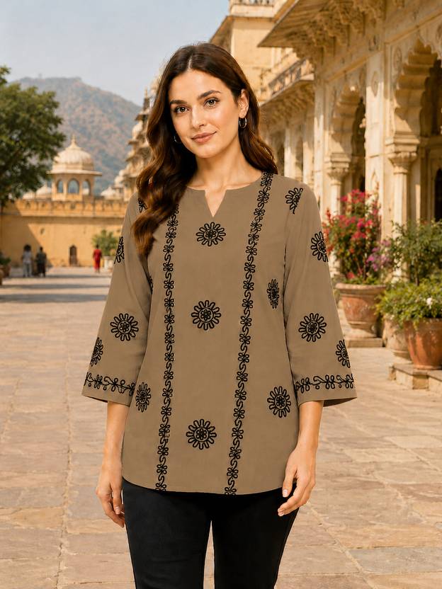 NAIDA Casual Regular Sleeves Embroidered Women Brown Top