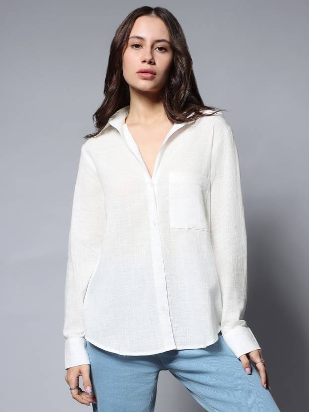 Fab Star Women Boxy Fit Solid Spread Collar Casual Shirt