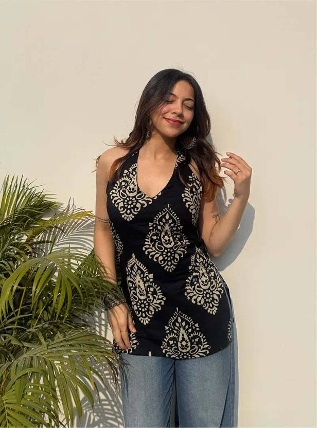 VRAJRANI TRENDS Casual Sleeveless Printed Women Black Top