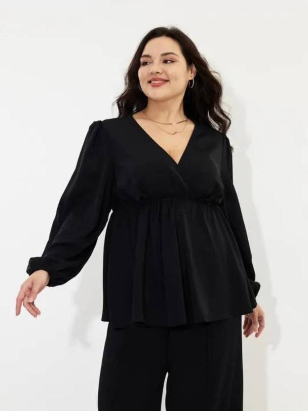 Curvy CLOSET Casual Bishop Sleeve Solid Women Black Top