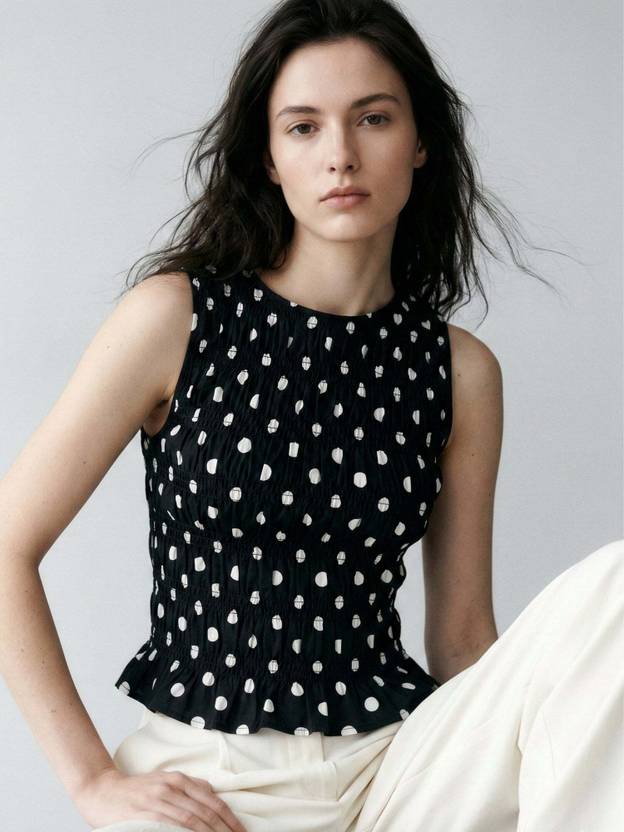 OUTZIDR Casual Polka Print Women Black Top