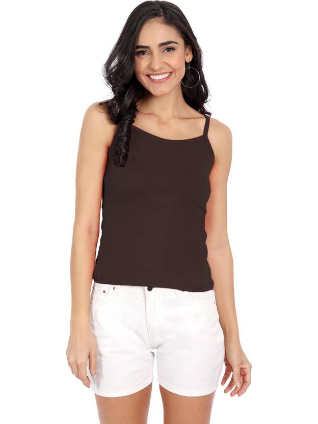 Blazon Casual Noodle Straps Solid Women Brown Top