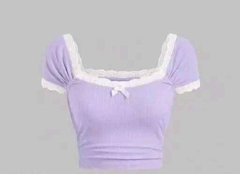 RKK COLLECTIONS Casual Slit Sleeves Lace Women Purple Top