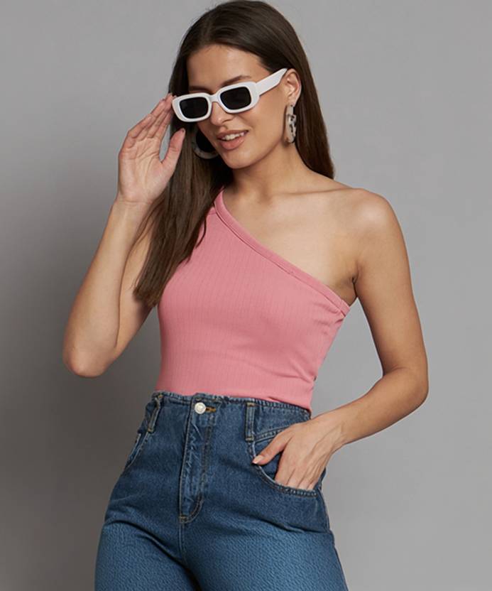ADDYVERO Casual One Shoulder Sleeves Solid Women Pink Top