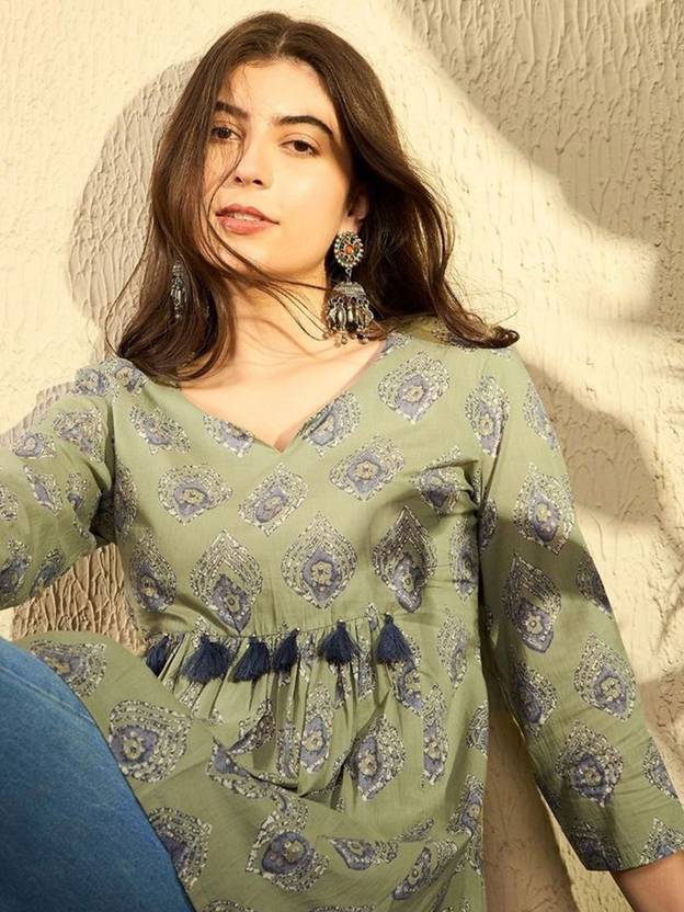 KALINI Casual Regular Sleeves Printed Women Green Top