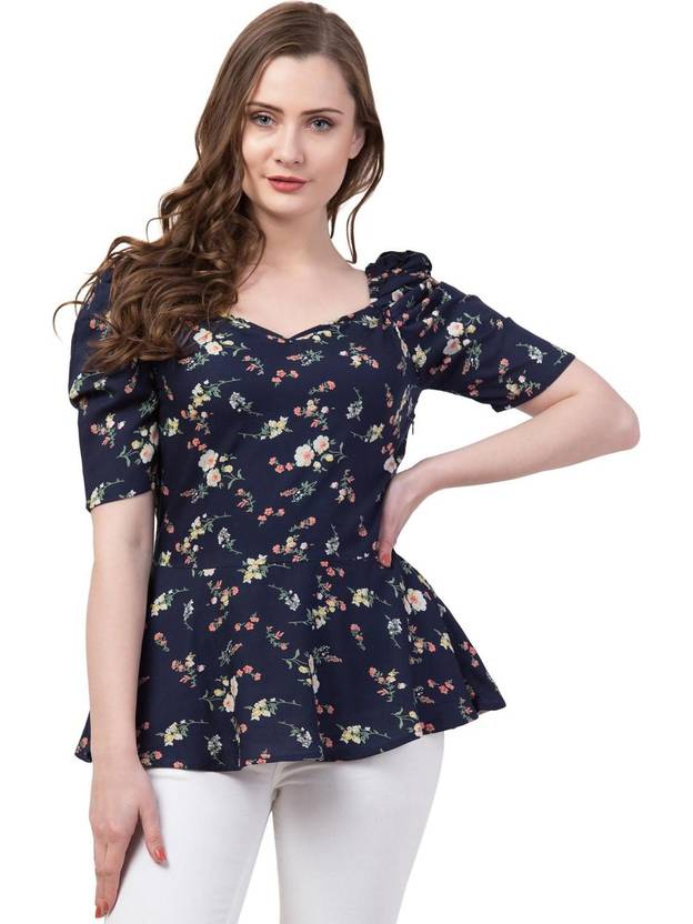 ZUVINO Casual Puff Sleeves Polka Print Women Dark Blue Top