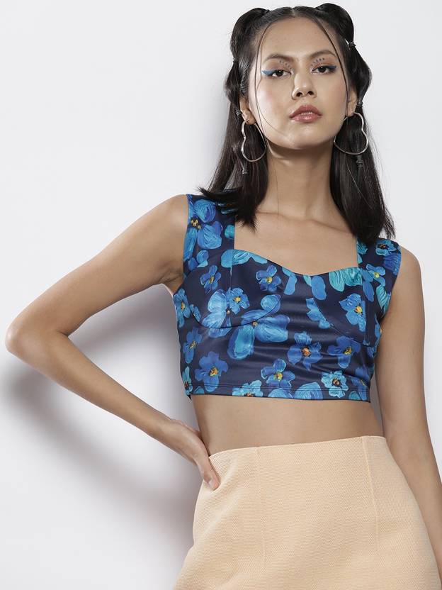 SASSAFRAS Casual Sleeveless Printed, Floral Print Women Dark Blue Top