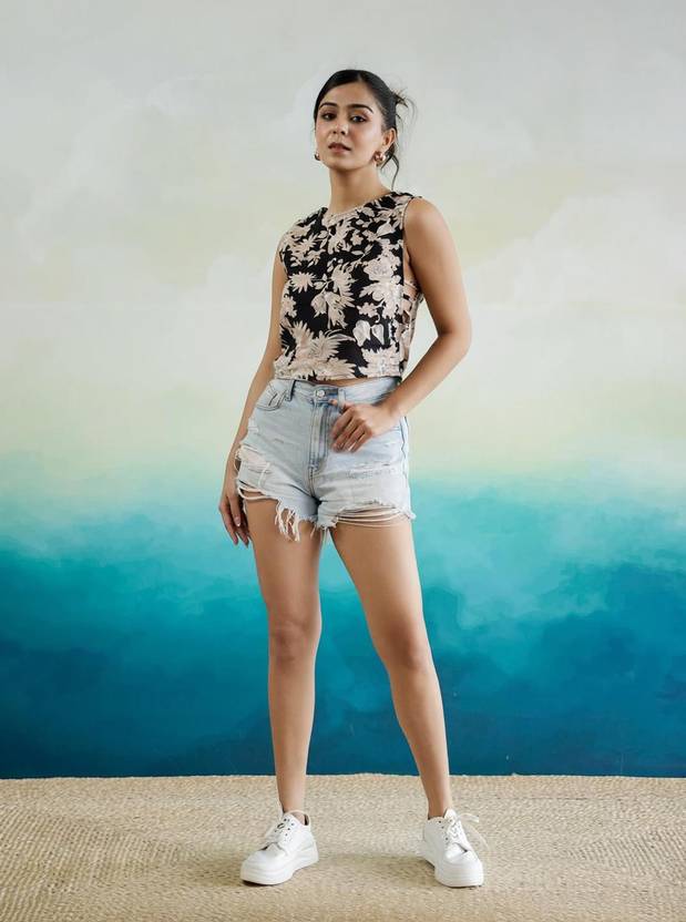 Sanskrutihomes Casual Sleeveless Floral Print Women Black Top