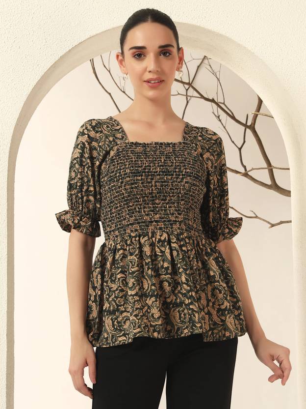 ZWERLON Casual Puff Sleeves Printed Women Green Top