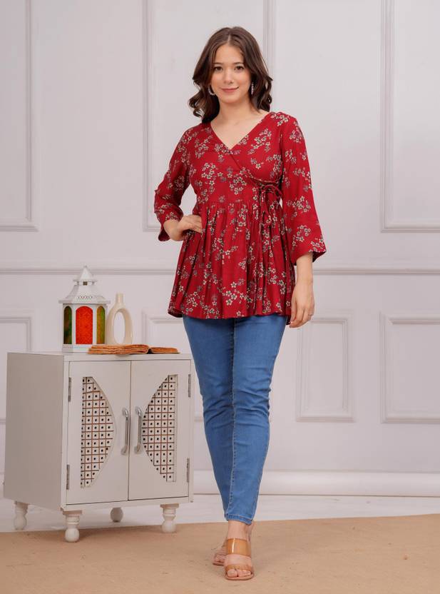 INDIANIC Floral Print Viscose Rayon A-line Kurta for Women