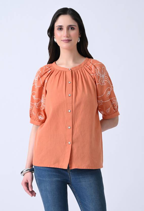 ALL WAYS YOU Casual Regular Sleeves Embroidered Women Orange Top