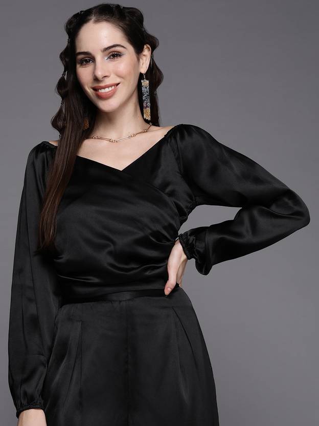 SASSAFRAS Party Bishop Sleeve Solid Women Black Top