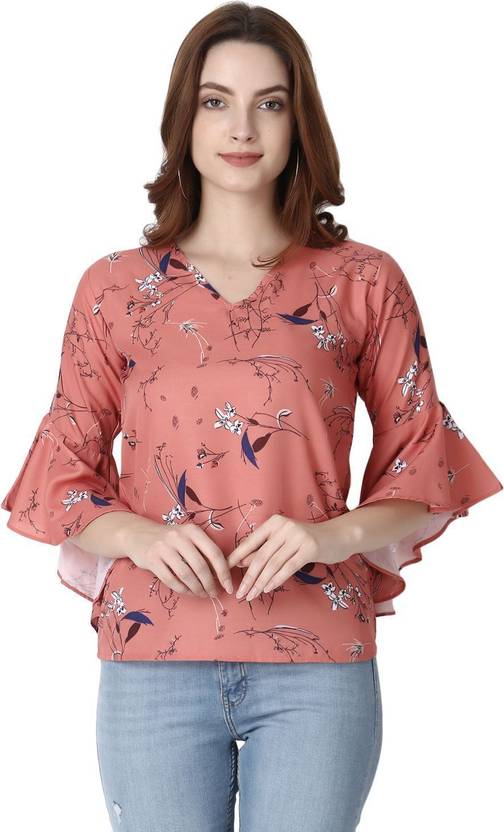 Leriya Fashion Casual Floral Print Women Orange Top