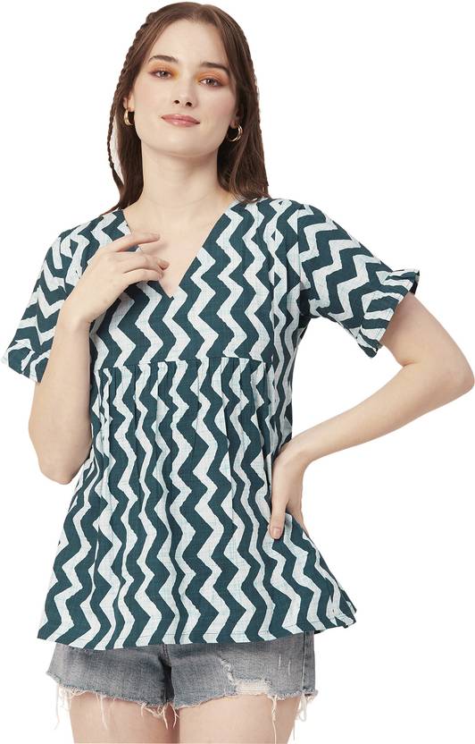 moomaya Casual Ruffled Sleeves Printed Women Green Top