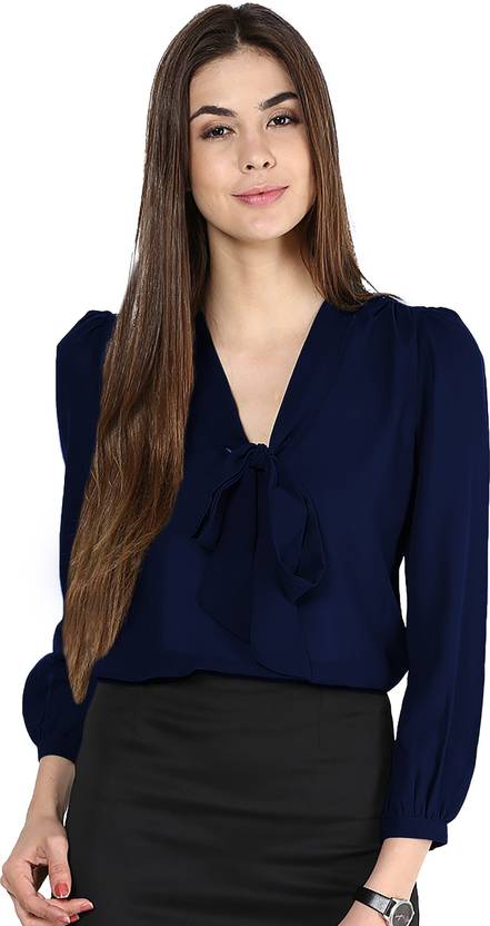 oriexfabb Casual Bishop Sleeve Solid Women Blue Top