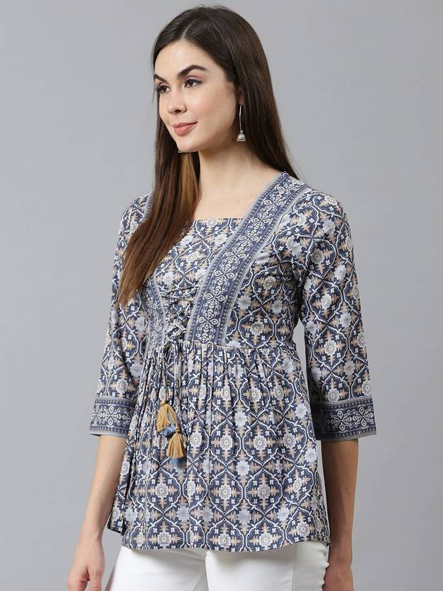 Casual Regular Sleeves Printed Women Dark Blue Top