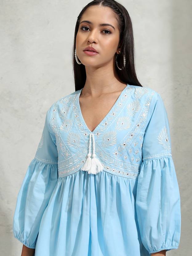 Vishudh Casual Bishop Sleeve Embroidered, Embellished Women Blue Top