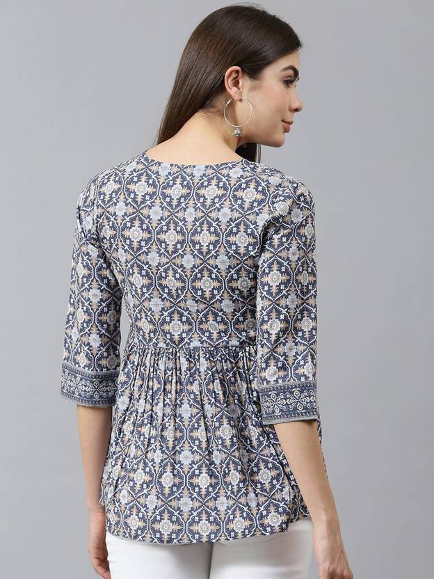 Casual Regular Sleeves Printed Women Dark Blue Top