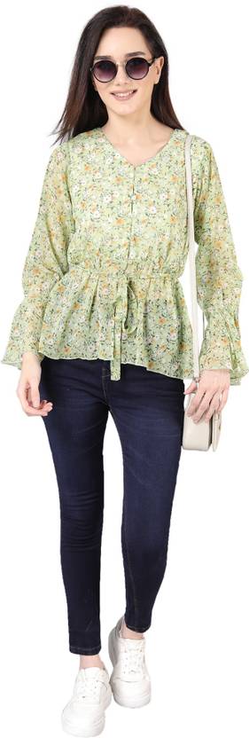 Jakanary Casual Bell Sleeves Printed, Floral Print Women Multicolor Top