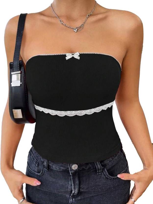 TIVANTE Casual Self Design Women Black Top