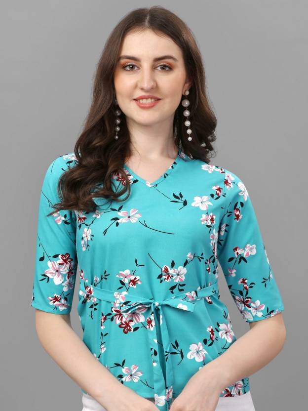 VeBNoR Casual Regular Sleeves Printed Women Light Blue Top