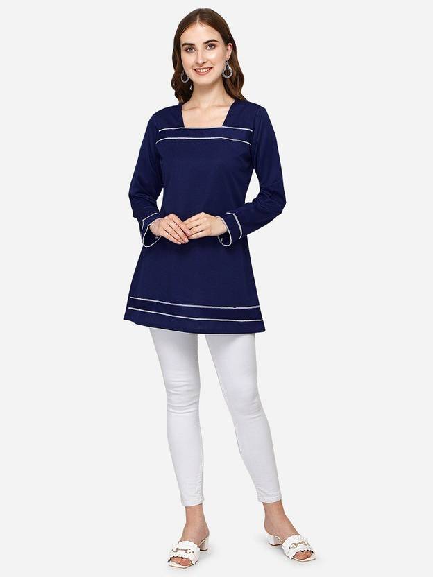 Diamoon Casual Solid, Striped Women Blue Top