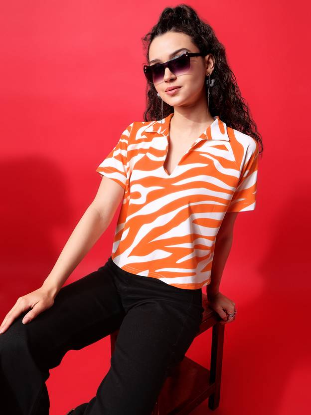 PURVAJA Casual Raglan Sleeves Printed Women Orange Top