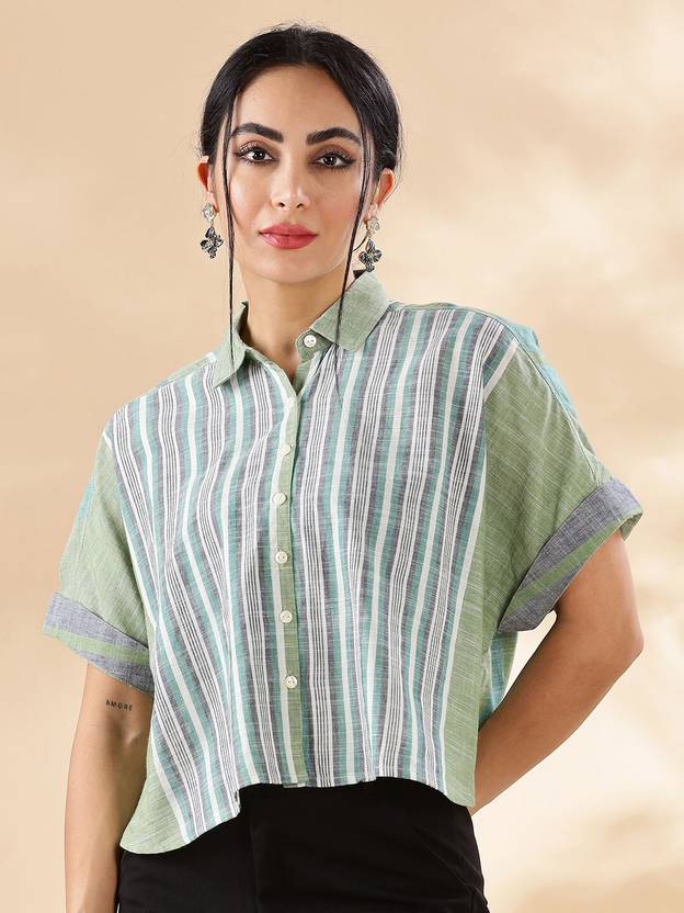 Taavi Casual Flared Sleeves Striped Women Light Green Top