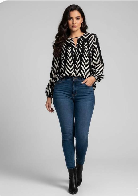 SHAHVEER CREATION Casual Regular Sleeves Chevron/Zig Zag Women Black Top
