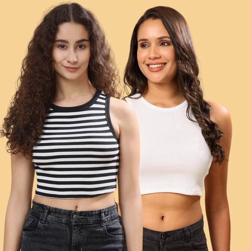 CORSICA Pack of 2 Casual Sleeveless Striped, Solid Women Black, White Top