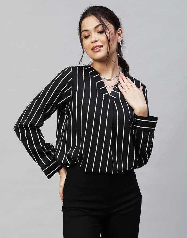 [Sizes S, M, L, XL] Selvia Women Regular Fit Striped Mandarin Collar Casual Shirt