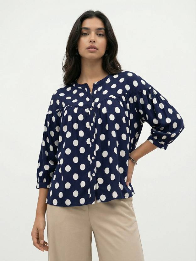 fusion by glitchez Casual Regular Sleeves Polka Print Women Blue Top