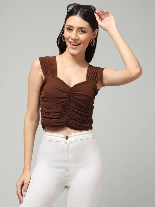 clobug Casual Solid Women Brown Top
