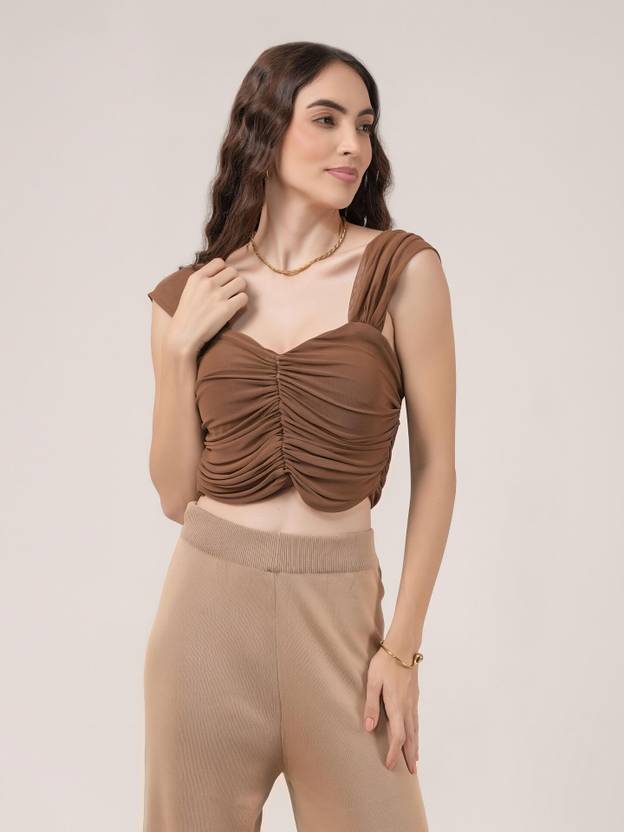 clobug Casual Solid Women Brown Top