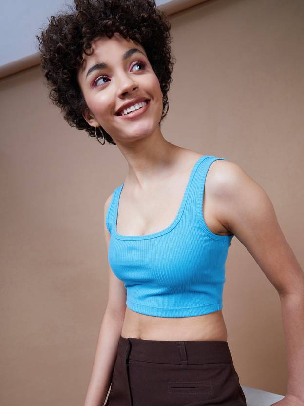 SASSAFRAS Casual Sleeveless Solid Women Blue Top