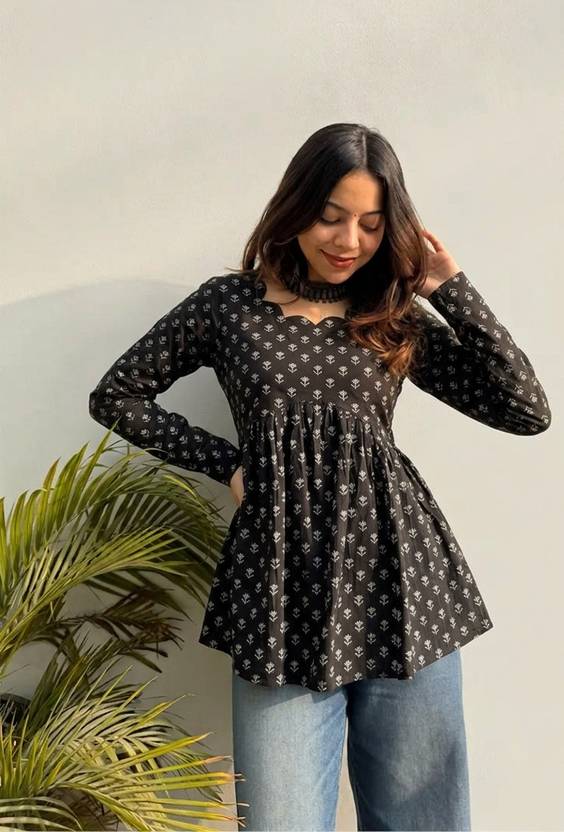 VRAJRANI TRENDS Casual Ethnic Motifs Women Black Top