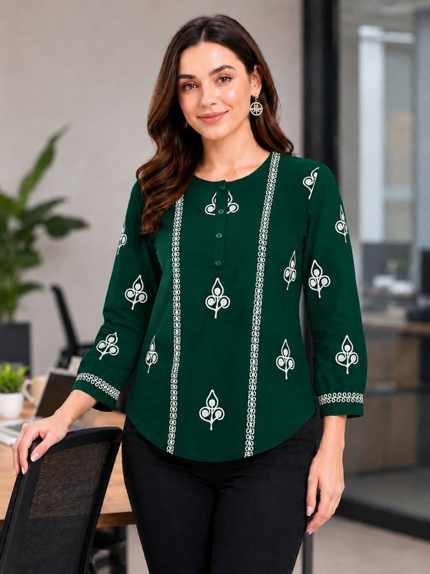 BlueKart Casual Embroidered, Ethnic Motifs Women Dark Green Top