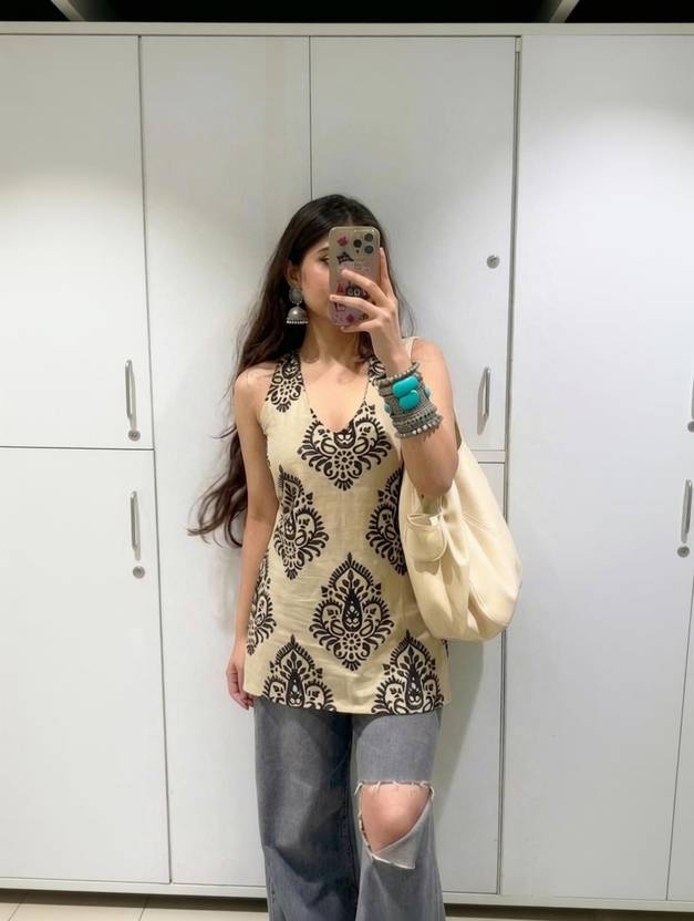 VRAJRANI TRENDS Casual Ethnic Motifs Women Beige Top