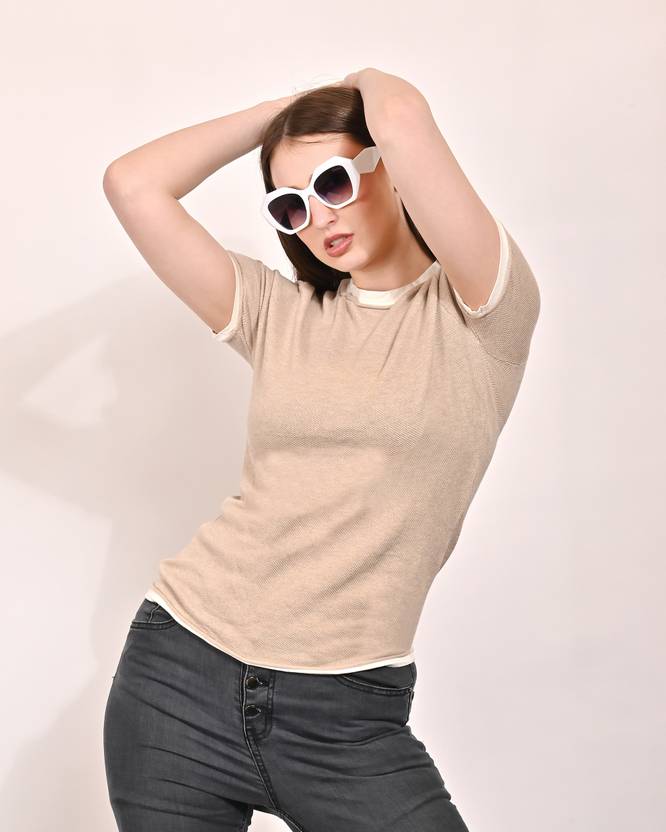 Nobarr Self Design Women Round Neck Beige T-Shirt