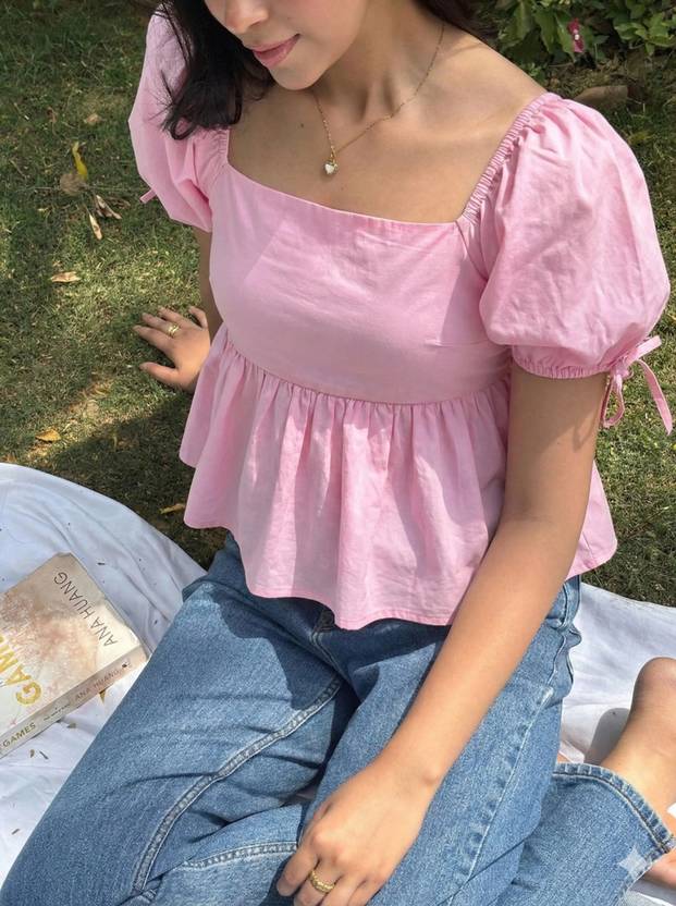 VYMO Casual Puff Sleeves Solid Women Pink Top