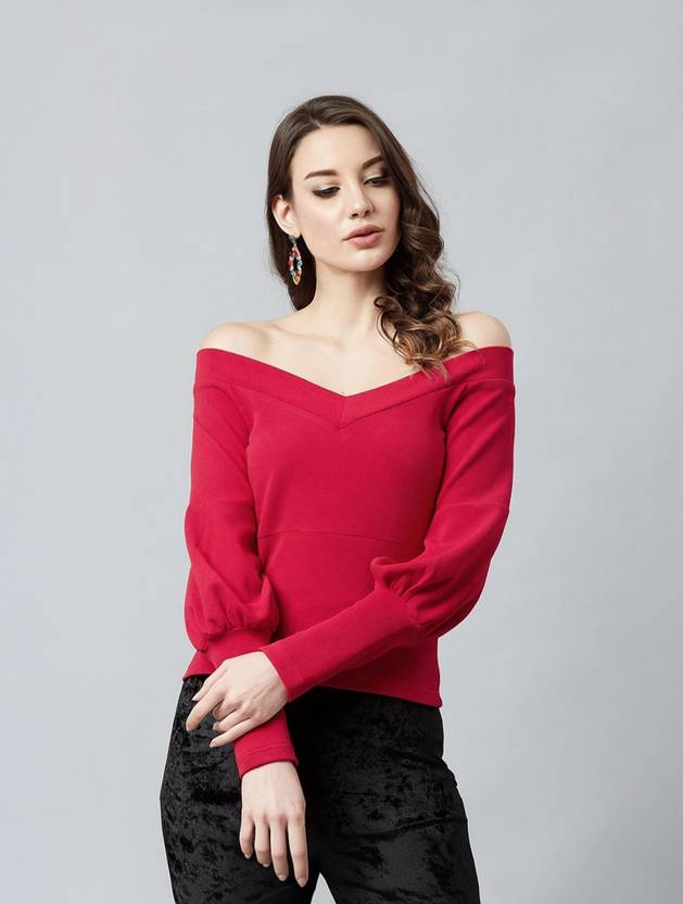 ATHENA Casual Puff Sleeves Solid Women Red Top