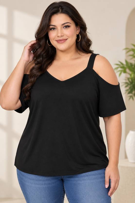 Curvy CLOSET Casual Raglan Sleeves Solid Women Black Top