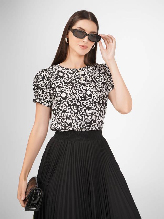 Kinjo Formal Puff Sleeves Floral Print Women Black Top