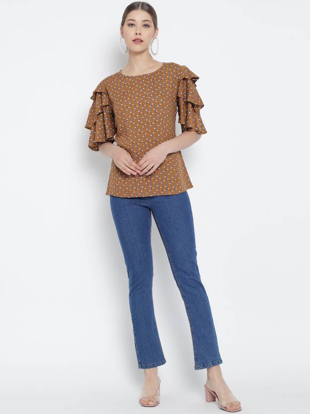 Adhisa Party Flared Sleeves Floral Print Women Brown Top