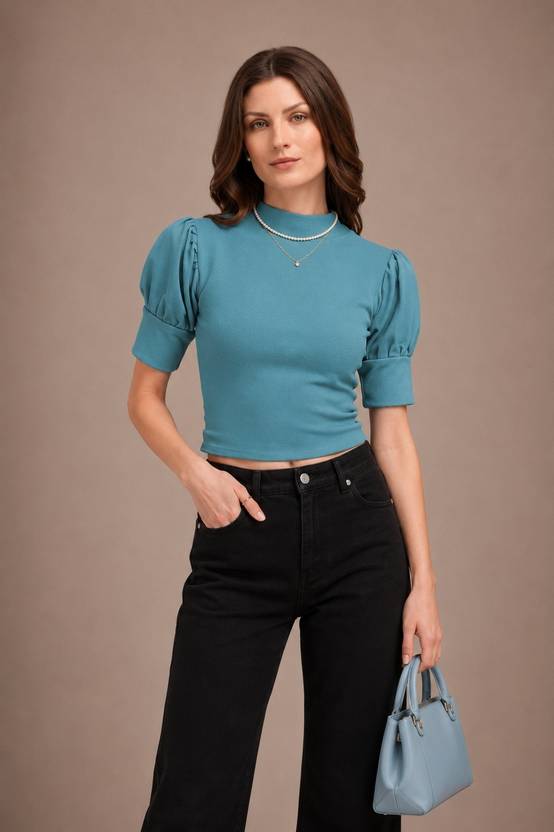PURVAJA Casual Puff Sleeves Solid Women Blue Top