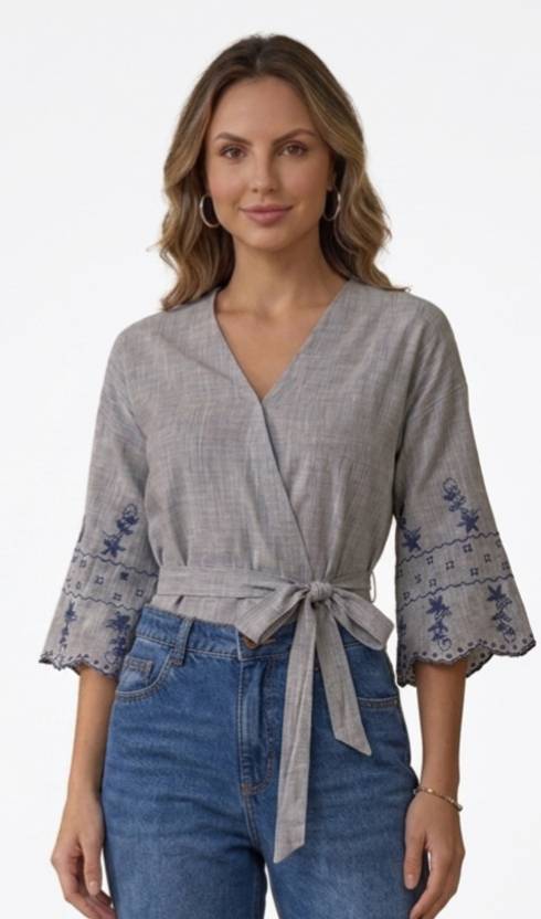 mangofashion Casual Petal Sleeves Tie & Dye Women Grey Top