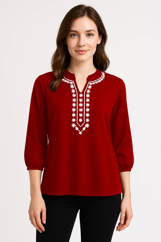 BlueKart Casual Embroidered, Embellished Women Maroon Top